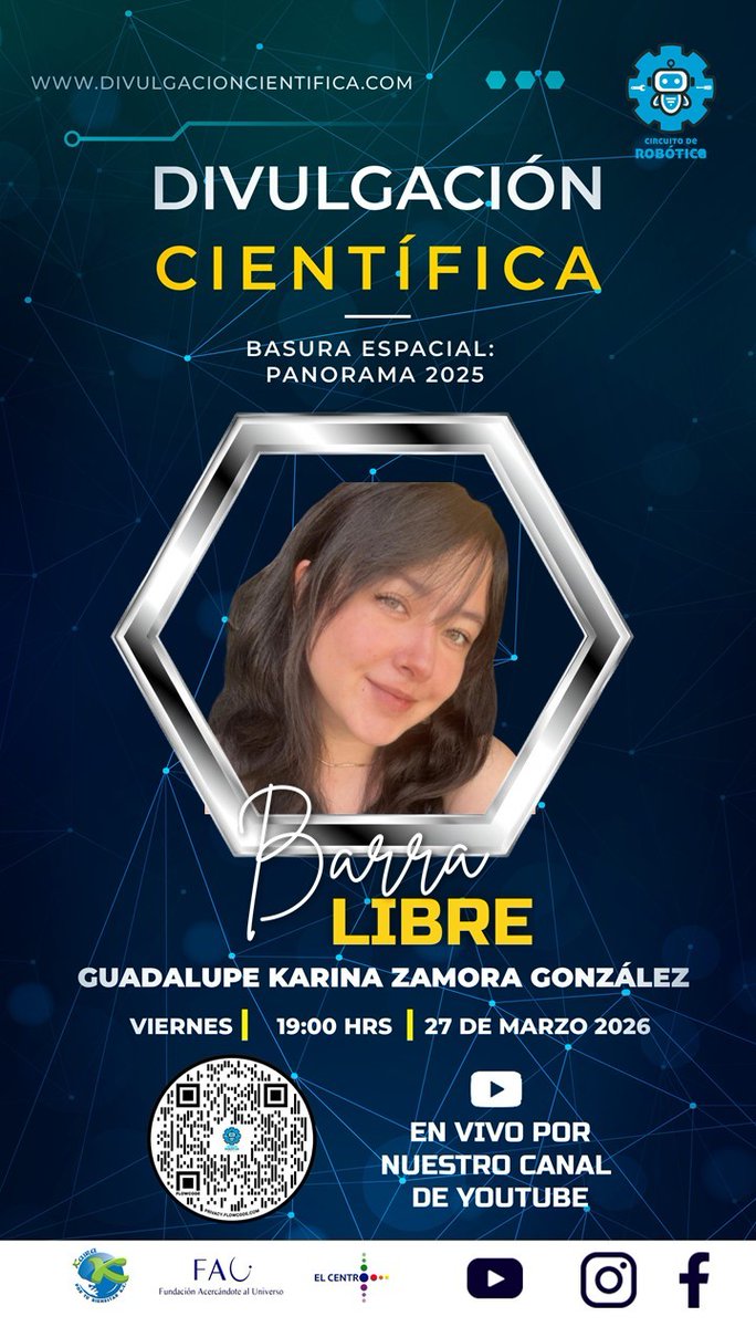 Hoy viernes 27 de marzo, en punto de las 19:00 horas, en la Barra Libre Astronómica, Basura Espacial: Panorama 2025, con Lu Zamora, por nuestro canal de YouTube:
youtube.com/c/CircuitodeRo…
#yoveoinformaciónverificada