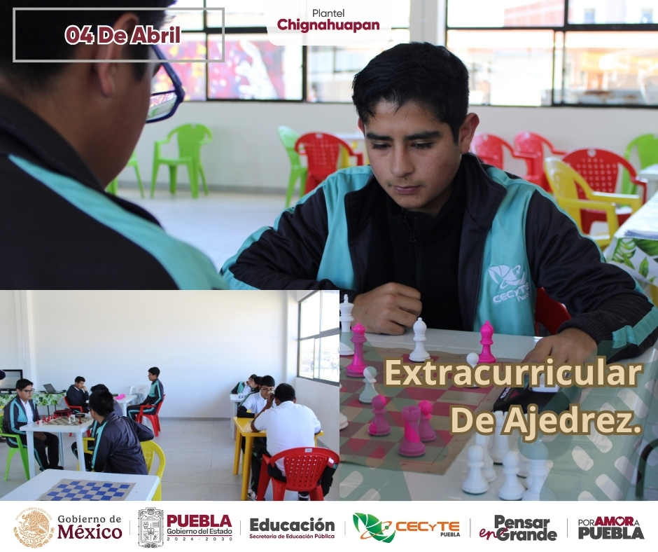 ♟️💡 La extracurricular de ajedrez de CECyTE Chignahuapan destaca por su estrategia, concentración y espíritu de superación.

¡Gracias por jugar con mente ganadora! 💙🧠

#PorAmorAPuebla #PensarEnGrande #CECyTEPuebla #HazloEnGrande #OrgulloCecyte