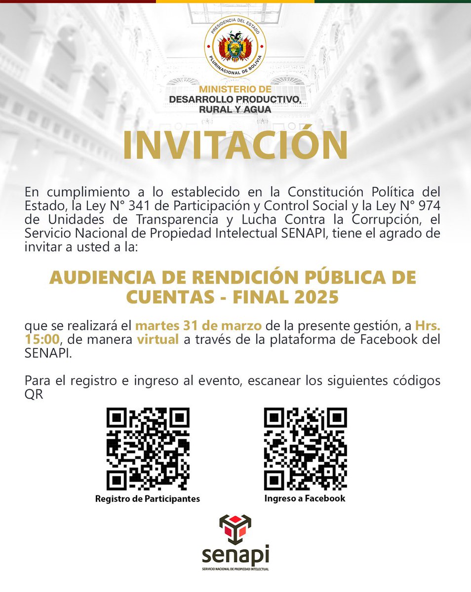 Invitación a la Audiencia de Rendición Pública de Cuentas - Final 2025

#SENAPI #RendiciónDeCuentas #Bolivia