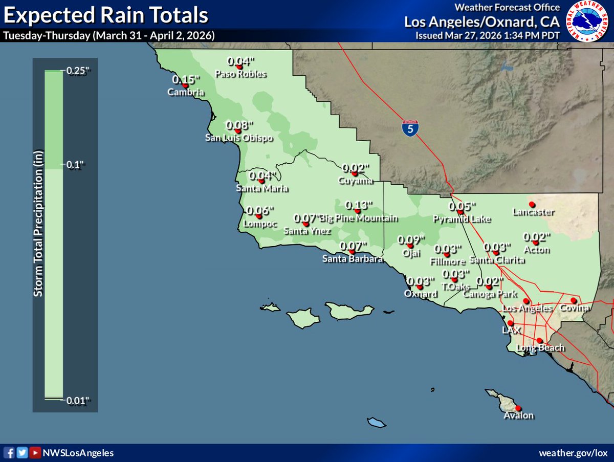 NWSLosAngeles's tweet image. To paraphrase the Little River Band, are you ready for a "cool change" next week (Tue-Thu)? A weak low pressure system will bring cooler temperatures to #SoCal along with light rain.

- Highs around seasonal normals
- Light rainfall with amounts under 0.25 inches.

#CAwx