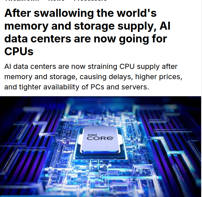 rohanpaul_ai's tweet photo. AI data centers just pushed the hardware crunch beyond DRAM and NAND and into the CPU market.

AI clusters do not only need GPUs, because they also need huge numbers of general-purpose CPUs to feed data, run storage stacks, schedule jobs, handle networking, and keep those GPU systems busy.

That extra pull is now colliding with normal PC and server demand, so manufacturers say Intel and AMD are not shipping enough processors, lead times have stretched from 2 weeks to months, and system prices could rise by 10% to 15%.

The interesting twist is that Arm may gain ground, because a shortage in x86 server CPUs gives buyers a reason to test alternative chips built specifically for AI-heavy data centers.

---

tweaktown. com/news/110685/after-swallowing-the-worlds-memory-and-storage-supply-ai-data-centers-are-now-going-for-cpus/index.html