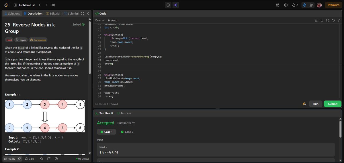 shivam21102005's tweet image. 🚀 Day 48/365 – #365DaysOfCodeSolved:
🔁 Reverse Nodes in K Group → recursion + pointer reversal
🧠 Copy List with Random Pointer → in-place node cloning
#DSA #LeetCode #LinkedList #ProblemSolving #Cplusplus #Consistency