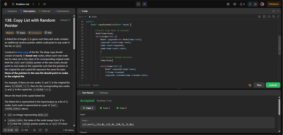 shivam21102005's tweet image. 🚀 Day 48/365 – #365DaysOfCodeSolved:
🔁 Reverse Nodes in K Group → recursion + pointer reversal
🧠 Copy List with Random Pointer → in-place node cloning
#DSA #LeetCode #LinkedList #ProblemSolving #Cplusplus #Consistency