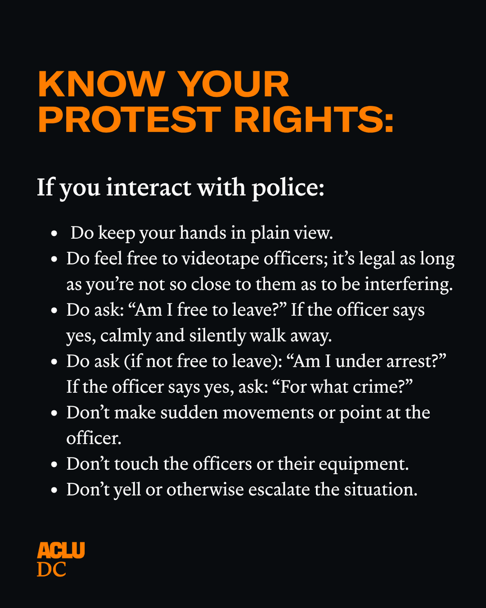 ACLU_DC's tweet image. Protesting tomorrow? Make sure you know your rights before taking to the streets.

We stay safe by staying informed.

#nokings #knowyourrights