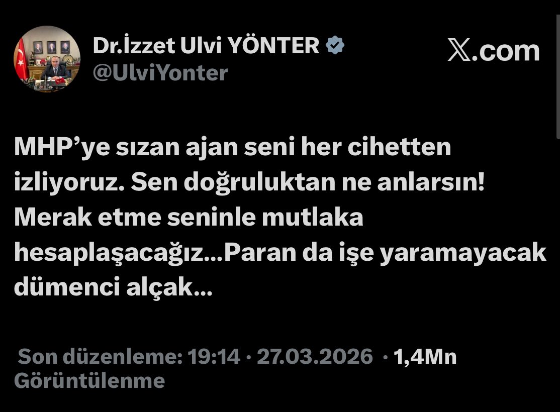 diyadinosman's tweet photo. MHP’de neler oluyor?
Neler olup bittiğini görmek için Genel Başkan Devlet Bahçeli’yi takip etmek gerek!

En kritik soru şu;
“İzzet Ulvi Yönter Başkanın istifası Devlet Beyin bilgisi dahilinde mı, değil mi?”
Unutmayın!..
İzzet Başkan MHP’den değil Genel Başkan yardımcılığından istifa etti!

Yani;
MHP milletvekili olarak partisini içerisinde…
Ve en önemlisi Teşkilattan Sorumlu Genel Başkan Yardımcısı Semih Yalçın İzzet Ulvi Yönter’in “ MHP’ye sızan ajan seni her cihetten izliyoruz” paylaşımını RT’ledi..
Bu da Yönter’e destek olarak yorumlandı!..

Yönter’in isim vermeden  “Ajan” diyerek suçladığı Genel Başkan  Bahçeli’nin Başdanışmanı Eyüp Yıldız’ında isim vermeden “ Söz çoktur hakikat az” başlıklı cevabıda iki ismin karşı karşıya geldiğini gösterdi.
İşte o paylaşımlar..
👇👇👇