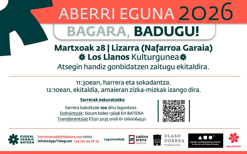 AberriEguna2026's tweet photo. ๐ฐ๐ฑ๐ด๐
๐
๐ธ ๐ด๐ถ๐
๐ฝ๐ฐ 2026
๐๏ธ Martxoaren 28an, larunbatean
๐ฆ Lizarran / Los Llanos Kulturgunean.
#bagara #badugu https://t.co/pWi9QKaiJ6
