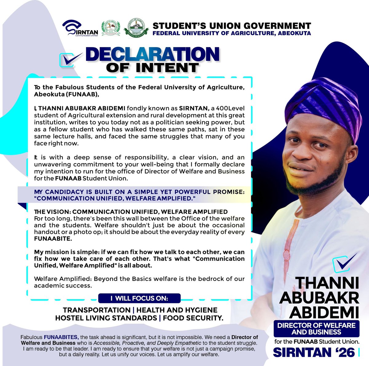 Sirntanbarcri's tweet photo. "If we can fix how we talk to eachother, we can fix how we care for eachother; Communication Unified, Welfare Amplified"

 SIRNTAN declares for Funaabsu Director of Welfare and Business. https://t.co/yUtQalvj7L