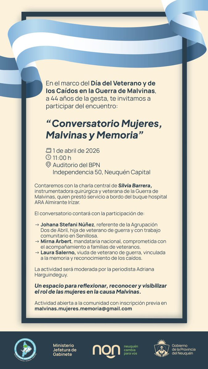 En el marco del Día del Veterano y de los Caídos en la Guerra de Malvinas, te invitamos a participar del conversatorio “Mujeres, Malvinas y Memoria”.

Un espacio para reflexionar y visibilizar el rol de las mujeres en la causa Malvinas.

👉 Inscripción forms.gle/qRuD1tmfEYjzuc…