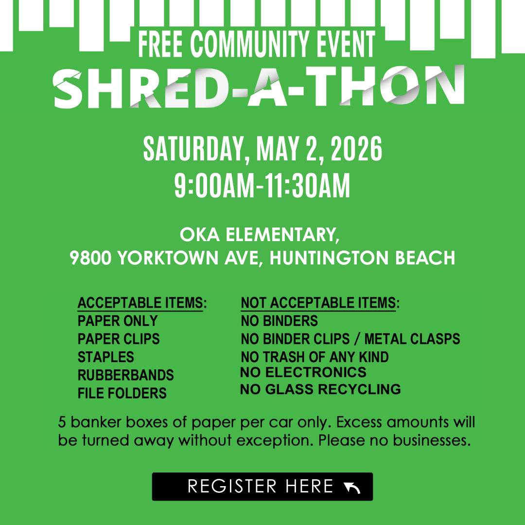 JeanetteENelson's tweet photo. Out with the old, safely and securely. 🗂️ We’re hosting a FREE Community Shred-A-Thon to help you do just that.

📅 Saturday, May 2, 2026
⏰ 9:00 AM – 11:30 AM
📍 Oka Elementary School, 9800 Yorktown Ave, Huntington Beach

👉 Save your spot here:
https://t.co/5EkCWE9rA4 https://t.co/3OSvDqrBq2