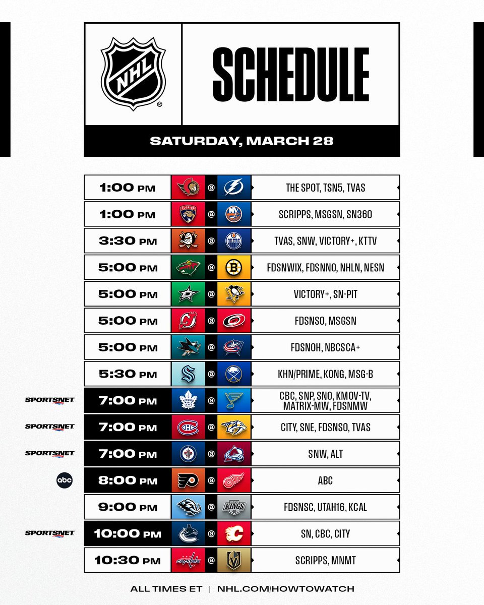 The <a href="/DetroitRedWings/">Detroit Red Wings</a> and <a href="/NHLFlyers/">x - Philadelphia Flyers</a> battle for points in the tightly contested East Wild Card race on ABC, while eight teams are highlighted on Hockey Night in Canada, including Cole Caufield and the <a href="/CanadiensMTL/">x - Canadiens Montréal</a> looking to pad their position as third in the Atlantic.
