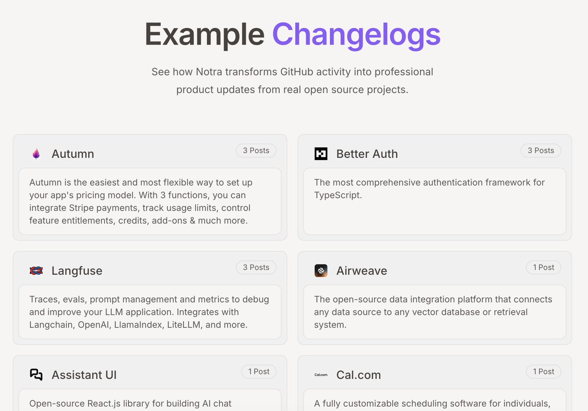 Did you know that we have a bunch of example changelog posts from popular open source repositories?

usenotra.com/changelog