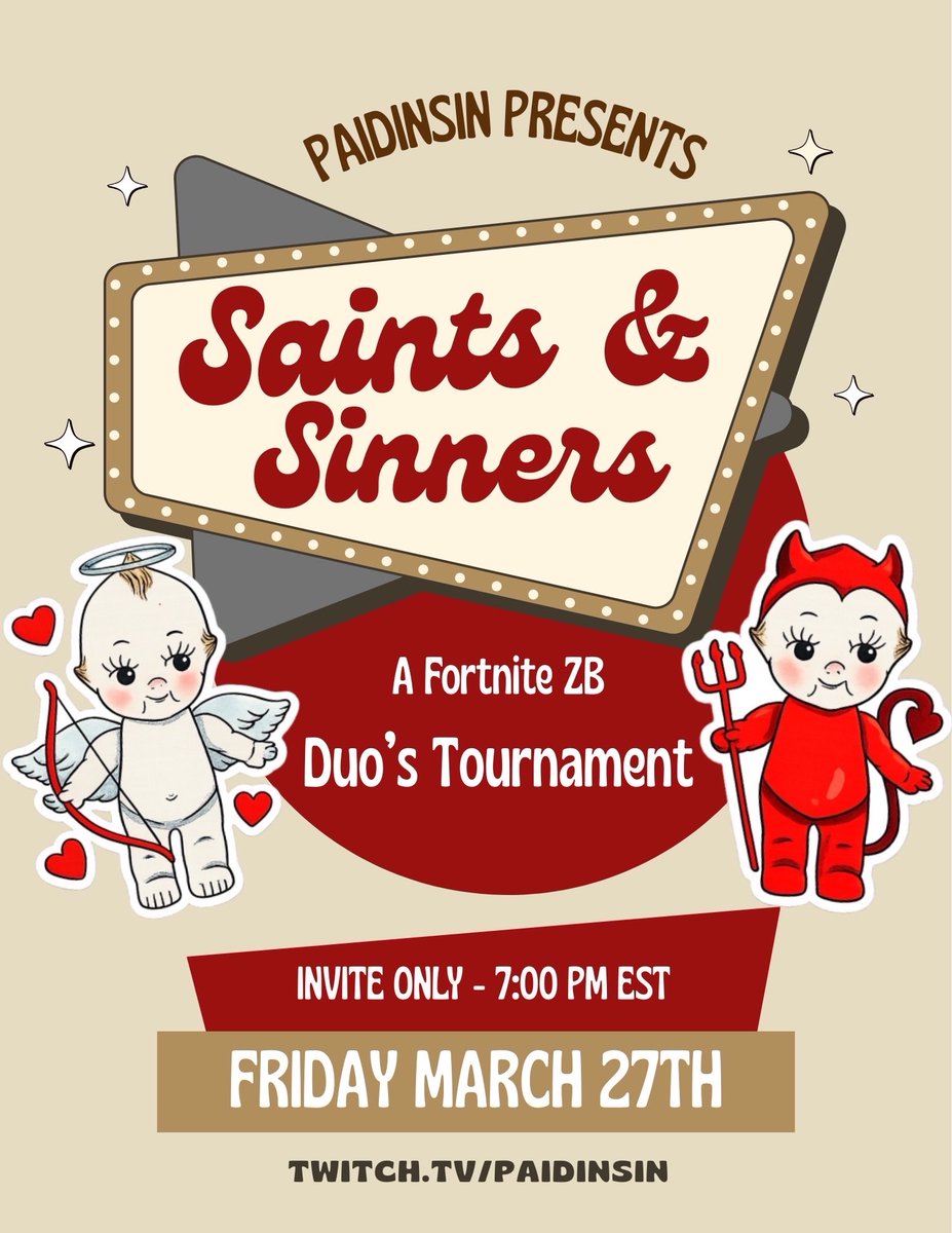 I will be live shortly to participate in <a href="/paidinsin/">paidypoo ❀</a> Saints &amp; Sinners Duo Tourney with the goat, <a href="/BuffZB_/">BuffZB</a> ! So excited to play tonight! 

Twitch.tv/hotdiggityhann…