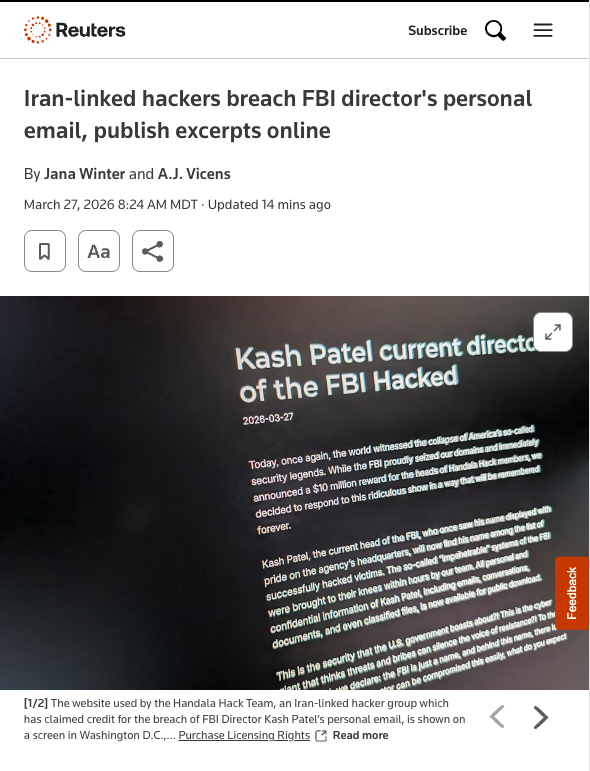 HuntressLabs's tweet photo. Iranian hackers got into the FBI Director's personal Gmail. Not FBI systems — Yet.

Personal correspondence is enough to embarrass, manipulate, or coerce... A stepping stone. Audit unused accounts, use a password manager, and stay up to date with those SAT trainings 😏 https://t.co/TWHxQbVAyk