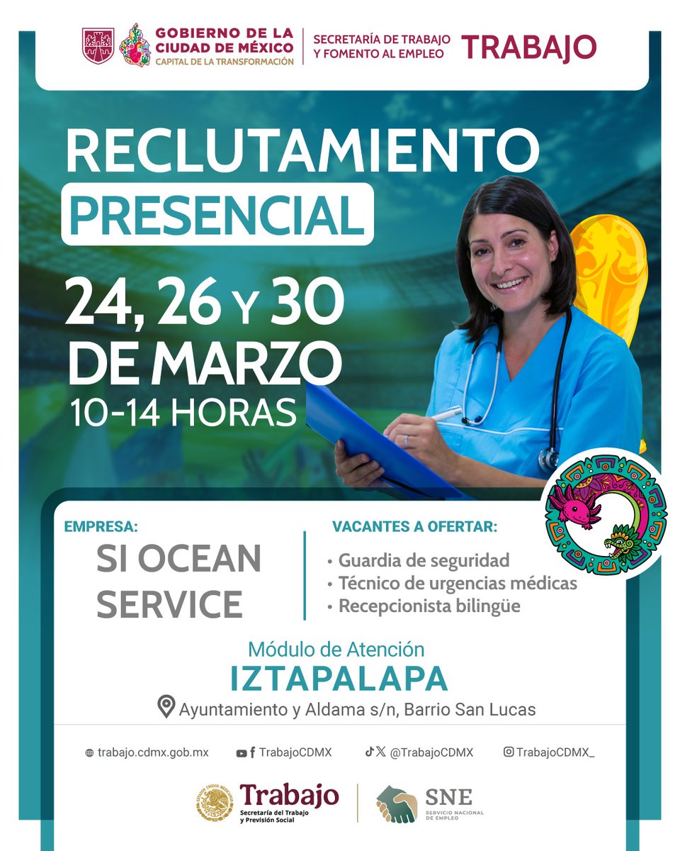 TrabajoCDMX's tweet photo. ¡Nuevas oportunidades para ti! 💼  
Participa en el reclutamiento presencial de SI Ocean Service y encuentra el empleo que buscas.  

📅  30 de marzo  
⏰ 10:00 a 14:00 horas
📍 Iztapalapa, Ayuntamiento y Aldama s/n, Barrio San Lucas  

✅ Vacantes: seguridad, salud y recepción bilingüe.  

¡Acude y da el siguiente paso en tu futuro! 🚀
No olvides llevar solicitud de empleo elaborada o CV, identificación oficial y CURP. 📝✍🏽

#CapitalDeLaTransformación
#UtopíaLaboral 
@ClaraBrugadaM @GobCDMX @Ines_GONI @empleogob_mx