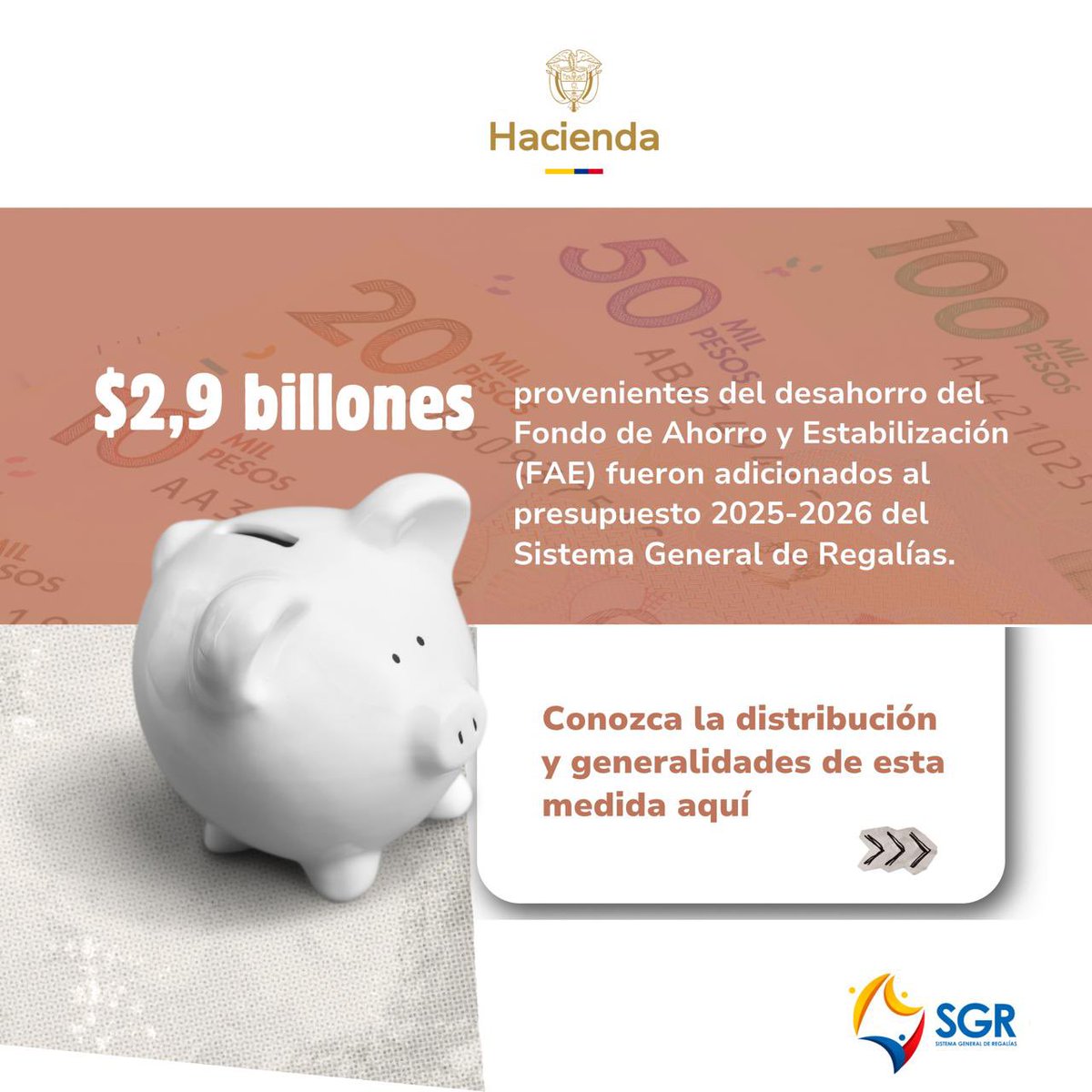 📢 El Ministerio de Hacienda y Crédito Público expidió el decreto 288 de 2026, por el cual se adiciona al presupuesto del SGR 2025-2026 el desahorro FAE según lo dispuesto por la Ley 2056 de 2020.

🔗 Más información aquí minhacienda.gov.co/documents/d/po…