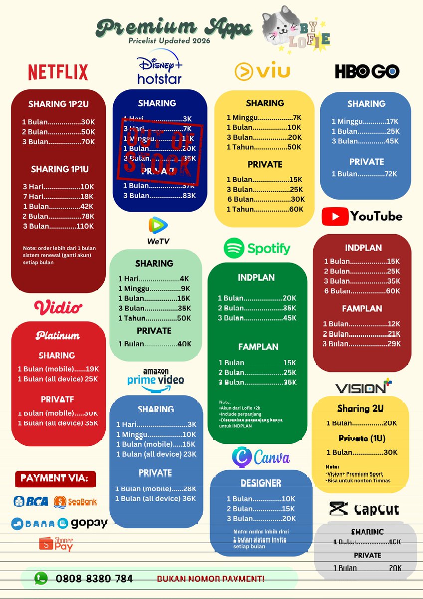lofiiem's tweet photo. Haloo yuk jajan di lapak Lofie😻

Wts wtb need netflix canva premium capcut we tv vidio viu, kecuali spotify &amp; disney kosong yapphh

Order please contact me on WA, link on bio ✨🫰🏻 #zonauang #zonajajan https://t.co/1odRqdDLbC