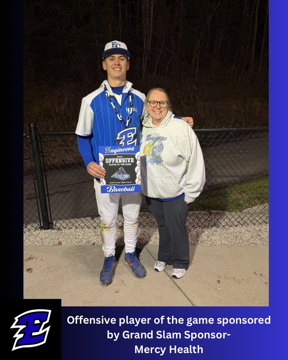 EstillBaseball's tweet photo. Congratulations to @BryceDrake27 for earning Offensive Player of the game tonight vs. Wolfe Co.  Bryce went 1-4 at the plate with a triple in the 1st inning.  

Thank you to our Grand Slam sponsor Mercy Health for sponsoring our offensive player of the game award tonight. https://t.co/wfNRfj3KHT