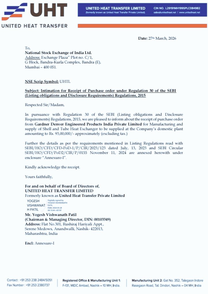 Santosh8747134's tweet photo. Transparency First:
In compliance with SEBI Regulation 30, the company has confirmed this is NOT a related party transaction, ensuring complete transparency for shareholders.
​Great to see $UHTL strengthening its order book! 
​#UHTL #Investing #Engineering #ShellAndTube #SEBI https://t.co/oyUaUxXAIQ