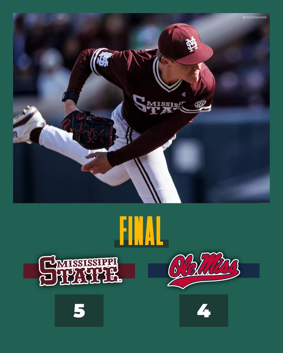 SECbaseball's tweet photo. FINAL
Mississippi St - 5
Ole Miss - 4

After giving up a back-breaking HR in the 8th, that talented Bulldog offense answers with two in the ninth to get a massive rivalry road win. Charlie Foster was strong filling in for injured ace Ryan McPherson and giving State a chance. https://t.co/jYYdID53LZ