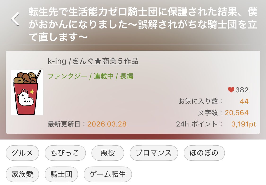 わーい🙌
投稿半日で5位まできました。
なんかここまで早いと落ちそうな気はするけど……あと20万文字あるので、文字でも殴れます(ｏﾟДﾟ)＝◯)`3゜)∵

フリーイラストから唐揚げを借りて、表紙にしたら文字は無事に読めるようになりました笑