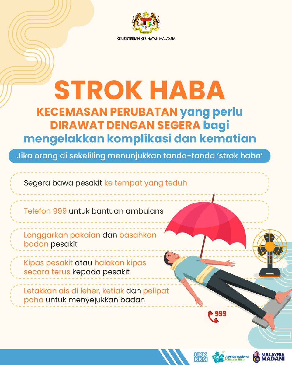 Pendedahan kepada cuaca panas ☀️ yang berterusan semasa menjalankan aktiviti fizikal boleh menyebabkan KELESUAN HABA dan STROK HABA. Kekal hidrat. Minum dengan banyak 💧 tanpa mengira tahap aktiviti anda. Jangan tunggu hingga anda dahaga.

⚠️ Pastikan berada di tempat yang lebih