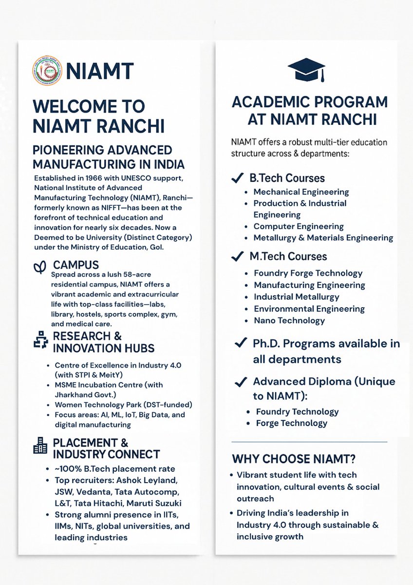 arunkjhaies's tweet image. NIAMT Ranchi’s Incubation Centre supports student startups with mentoring &amp;amp; funding.
Turn ideas into impact.
🎓 admission thru JEE Mains | CCMT
🔗 niamt.ac.in
@niamt_ranchi @EduMinOfIndia @dpradhanbjp @timesofindia @prabhatkhabar @TOIRanchiNews
#StartupIndia #foundry
