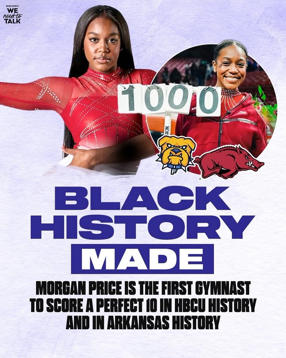 HBCUSports1's tweet photo. Morgan Price, who transferred from Fisk University to the University of Arkansas, has been named the 2026 SEC Gymnastics Newcomer of the Year
☆ Price also the first Gymnyst to score a perfect 10 in HBCU and Arkansas History https://t.co/5W0svNZXxX