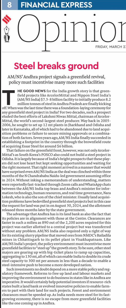naralokesh's tweet photo. Business media editors are taking note of the transformation in AP’s business climate.

As this Financial Express editorial highlights, the AM/NS greenfield steel project in Andhra Pradesh marks a long-awaited revival of large-scale manufacturing in India. After 5 years of YSRCP rule where little moved, #AndhraPradesh is once again emerging as a preferred investment destination. With ready land banks, faster clearances, strong alignment with Central policies, and seamless coordination across departments, projects are now moving at speed. With its port-led logistics advantage and industry-friendly governance, Andhra Pradesh is showing how decisive leadership can turn intent into execution.
#AMNSIndiaComesToAP 
#ChooseSpeedChooseAP 

@AMNSIndia @FinancialXpress