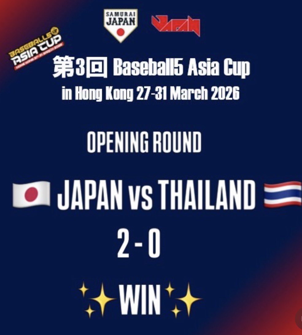 B5JPN_official's tweet image. 【試合結果】
予選ラウンド GroupB 第2戦
🇯🇵日本VSタイ🇹🇭
1st  8-2
2nd 11-9
TOTAL 2-0
WIN 

@samuraijapan_official
@wbsc_baseball5 
#侍ジャパンBaseball5代表 
#B5AsiaCup
#Baseball5 
#playeverywhere 

動画・映像©️WBSC