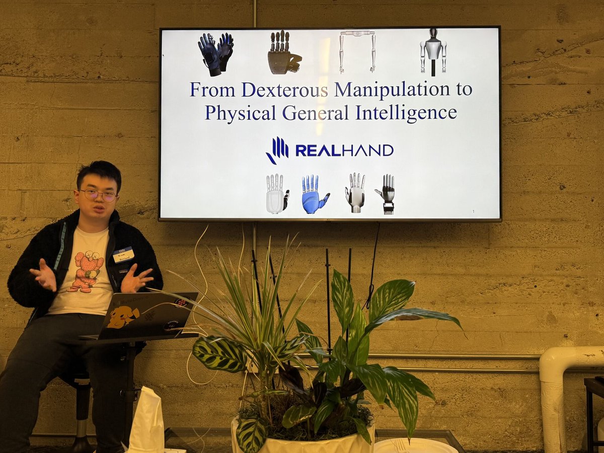 junfanzhu98's tweet photo. Next-Gen Robotic Models & Embodiment: The Dexterity Frontier by DeepReach & Realhand in Palo Alto
Formal Interface Between Evaluation and Generation in Robot Foundation Models — #Robometer × #DreamZero Toward Trajectory-Space Intelligence

The bottleneck in robot foundation models is not planning or data scale, but the lack of a stable interface between evaluation (System 2) and action generation (System 1) under real-world dynamics.
Robometer strengthens explicit evaluation through video-language reward modeling (progress estimation + trajectory preference), but remains outside the policy computation graph. This creates a fundamental optimization interface mismatch with three key challenges:
🔷 Gradient-based optimization is ill-posed: reward models are not directly coupled within the policy’s computation graph, making signal propagation into continuous action spaces inefficient and unstable.
🔷 Co-training is unstable: joint optimization leads to non-stationarity, reward hacking, and severe distribution shift.
🔷 Temporal abstraction mismatch: rewards operate at trajectory-level semantics, while actions occur at high-frequency continuous control, making long-horizon credit assignment fundamentally difficult — far more complex than discrete next-token prediction in LLMs.

DreamZero collapses policy and world model via generative rollout (implicit evaluation through joint video + action prediction), enabling strong zero-shot and cross-embodiment generalization. Yet, despite supporting real-time closed-loop control at 7Hz via autoregressive updates with observation correction, it remains susceptible to residual drift over long horizons and lacks explicit preference grounding.

Crucially, current world-action models remain coarse in temporal and control granularity, limiting precision in fine manipulation.
The primary failure mode is not high-level planning, but decoding abstract intent into physically valid, high-frequency control under contact-rich dynamics (friction, deformation, slip) and partial observability.

This is further constrained by a control frequency gap (∼10–30Hz perception/generation vs. ∼100–1000Hz control) and by latent action representations that are not fully physically grounded.
Data is not merely low-resolution — it is fundamentally misaligned with control (vision vs. force/torque/impedance). For example, grasping involves sub-frame contact events that standard video cannot capture.

The emerging paradigm is reward-guided generative control: world models propose diverse trajectories, while reward models shape them at the trajectory level via re-ranking or guidance (e.g., MPC-style selection or diffusion guidance), avoiding brittle gradient coupling and unstable co-training.
Robotics is not converging to next-token prediction, but to trajectory-space intelligence: generation proposes, evaluation shapes, and control executes — all grounded in closed-loop interaction with real physical dynamics.