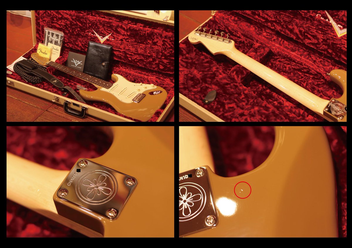 shu_ot's tweet photo. 限定200本の『銀煤竹』Fender Custom Shop Charizma (カリズマ Char Signature Stratocaster 2012)のデッドストック品(未使用)が現れました！八戸店とデジマート店で495,000円税込にて販売中で御座います🙇‍♂️

お知らせ
当店では『楽器や機材の買取り』『楽器の委託販売の依頼』を常時受付中で御座います。

『思い入れのある楽器達を大切に扱って欲しい』『出来るだけ高額で販売したい』そんな方は是非当店へご相談頂けますと幸いです。

また『壊れている弦楽器』『経年でサビや埃を被っている楽器』も遠慮無くそのままお持ち下さいませ。

この楽器について
2011年の12月頃から200本限定で販売されたCharizma (Char Signature Stratocaster )の未使用品が奇跡的に入荷致しました。シリアル「CHAR10※」2012年に製作された個体です。

傷などの状態
未使用品なので非常に綺麗です。ピックガードとバックパネルの保護シールも先程剥がしました。極薄のニトロセルロースラッカーな為、光を当てると細かい傷(バフ目)は無数にありますが、コレは出荷時からのものだと推測出来ます。

またバック面に一箇所、小さな塗装の凹凸が確認出来ました。こちらも出荷時からあったものだと考えています。

センター2Pアルダーです。塗装が薄いので繋ぎ目が僅かに目痩せしています。※こちらも光を当てないとわからない程度で今後も問題ありません。

楽器としての状態
ネックストレート、トラスロッドの可動域には充分な余裕があります。未使用品なのでフレットの減りはありません。弦高は09-42ゲージ、トレモロユニットを2mm程フローティングした状態で6弦2.0mm 1弦1.5mm(12f) と、ご本人のセッティングに近くなっています。

純正ハードケース、認定証（Char氏、Mike Eldred氏サイン入り）各ノベルティが付属致します。

日本のロック史を象徴するギタリスト、Charのキャリア35周年を記念して製作されたこのモデルは、フェンダー・カスタムショップの熟練した職人チームによって作り上げられた至高の一本です。

日本の伝統色である「銀煤竹（ぎんすすだけ）」を採用したマッチングヘッド仕様のボディにあります。これはChar氏が愛用する1959年製ストラトキャスターのバーガンディ・ミストが経年変化した絶妙な色合いを再現したものです。

指板の3フレットと5フレットには、こだわりを象徴する「三日月」型のインレイが施され、ネックプレートには竹中家の家紋が刻印されるなど、細部に至るまで拘りが感じられます。

マスタービルダーのポール・ウォーラーが設計した専用のハンドワウンド・ピックアップを搭載し、ヴィンテージの質感と現代的な演奏性を兼ね備えた、世界200本限定の極めて希少なストラトキャスターです。