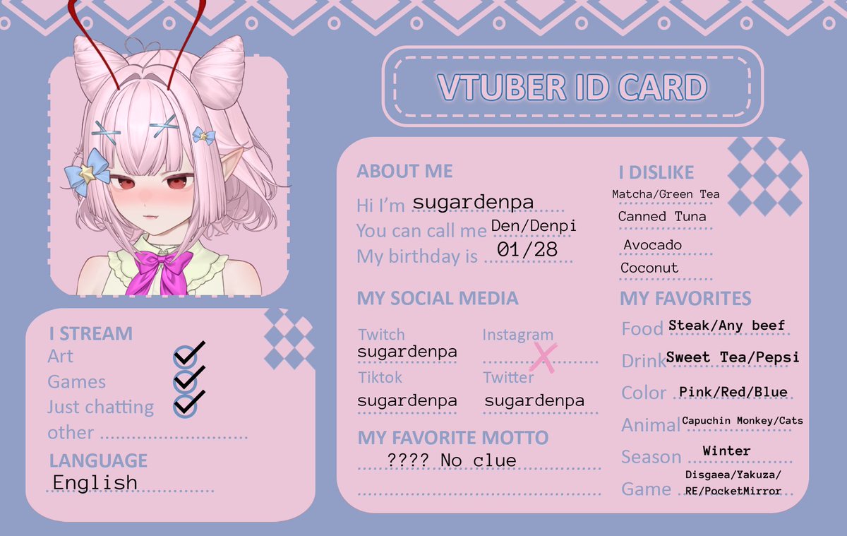 sugardenpa's tweet photo. I thought this looked fun so I wanted to try it out :3 #vtuber #vtuberintro #vtuberidcard https://t.co/xVTIFSgnWP
