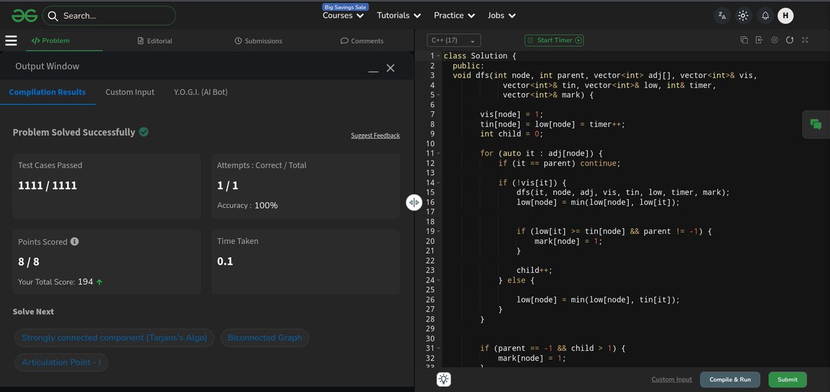 Harshit42077's tweet photo. Day 40 of 60 Days Code challenge
Today I have solved the POTD " Articulation Point - II " 
It was very easy to medium level Problem , I solved it in very limited time for this all thank you very much to @geeksforgeeks and @NPCI_NPCI .
#geekstreak60
#npci https://t.co/Ps76CaJLMV