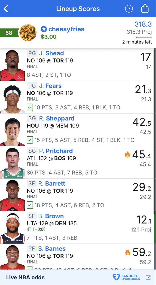 DFS_Rocket's tweet photo. Feasted tonight🧧🤤 

#NBA #GamblingTwitter #DFS #Fanduel https://t.co/Iz6SNWO9GT