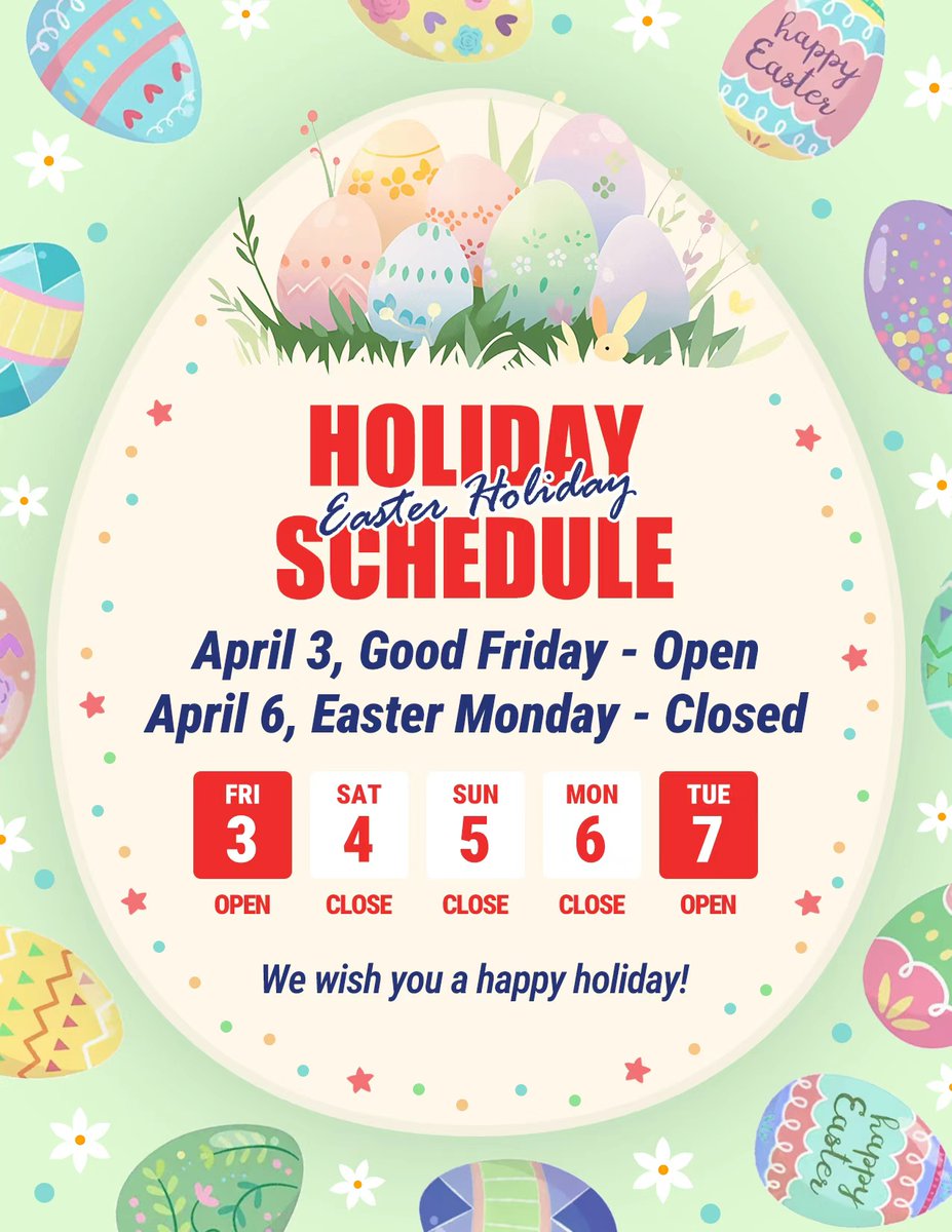 mppl_ca's tweet photo. 🐣 Easter Holiday Schedule

Apr 3 (Good Friday) – Open
Apr 6 (Easter Monday) – Closed

Please place orders early for delivery or pickup before the holiday. Thank you for your support, and happy Easter! 🌷

#Easter #HolidaySchedule #MoshePaper #RestaurantSupplies #Packaging https://t.co/PCdUMrP0Vh