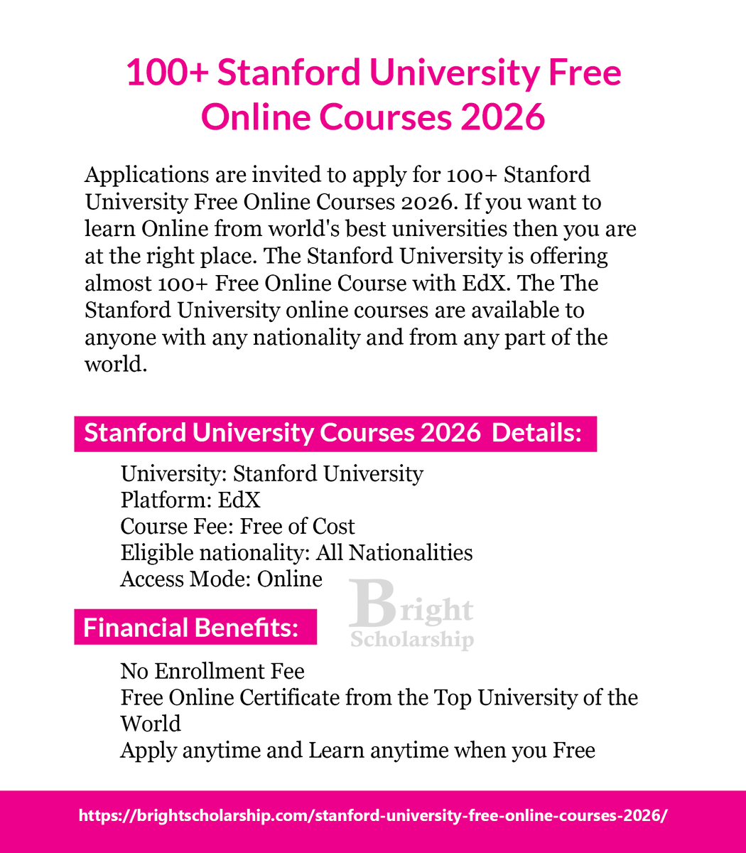 BrightSship's tweet image. 100+ Stanford University Free Online Courses 2026

Platform: EdX
Course Fee: Free of Cost
Eligible nationality: All Nationalities
Access Mode: Online
Last date: No deadline

Apply Link: brightscholarship.com/stanford-unive…

#BrightScholarship #FreeCourses #OnlineCourses