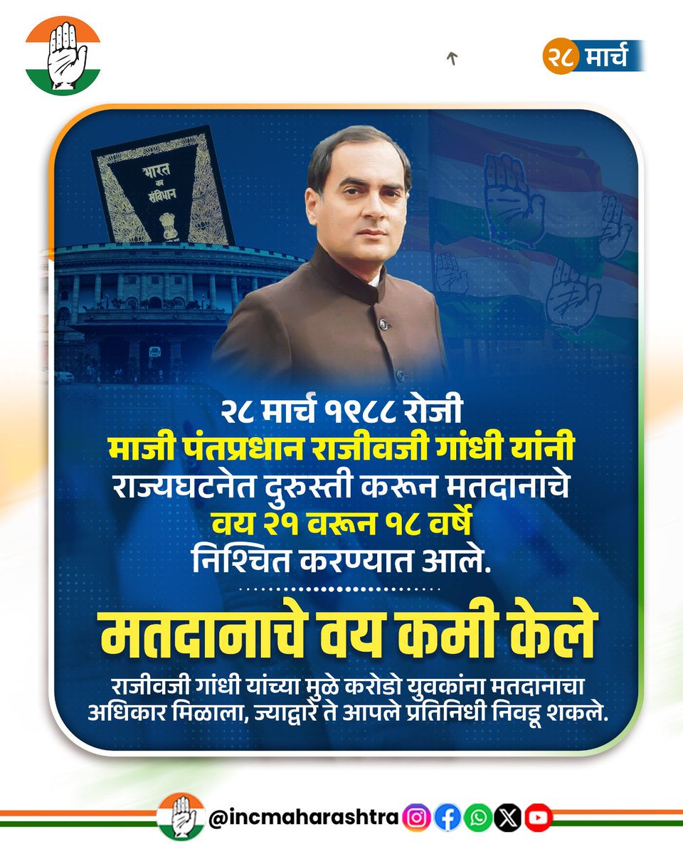 माजी पंतप्रधान स्व. राजीवजी गांधी यांनी आजच्याच दिवशी देशातील १८ वर्ष पुर्ण केलेल्या करोडो युवकांना मतदानाचा अधिकार देण्याचा निर्णय घेतला आणि आज ते आपल्या इच्छेनूसार लोकप्रतिनिधी निवडू शकत आहेत.

स्व. राजीव गांधी यांच्या दूरदर्शी नेतृत्वाला मानाचा सलाम!