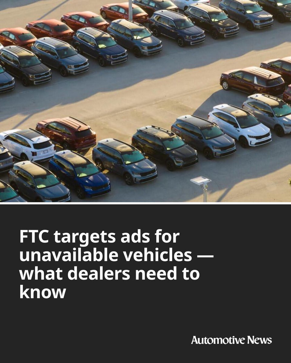 Automotive_News's tweet photo. Dealers, experts say, should quickly update their advertisements after a vehicle sale to avoid scrutiny from the Federal Trade Commission, which has declared it illegal to advertise unavailable vehicles.

#FTC #automotive #autoindustry #autoretail https://t.co/yhU3ftuCIy