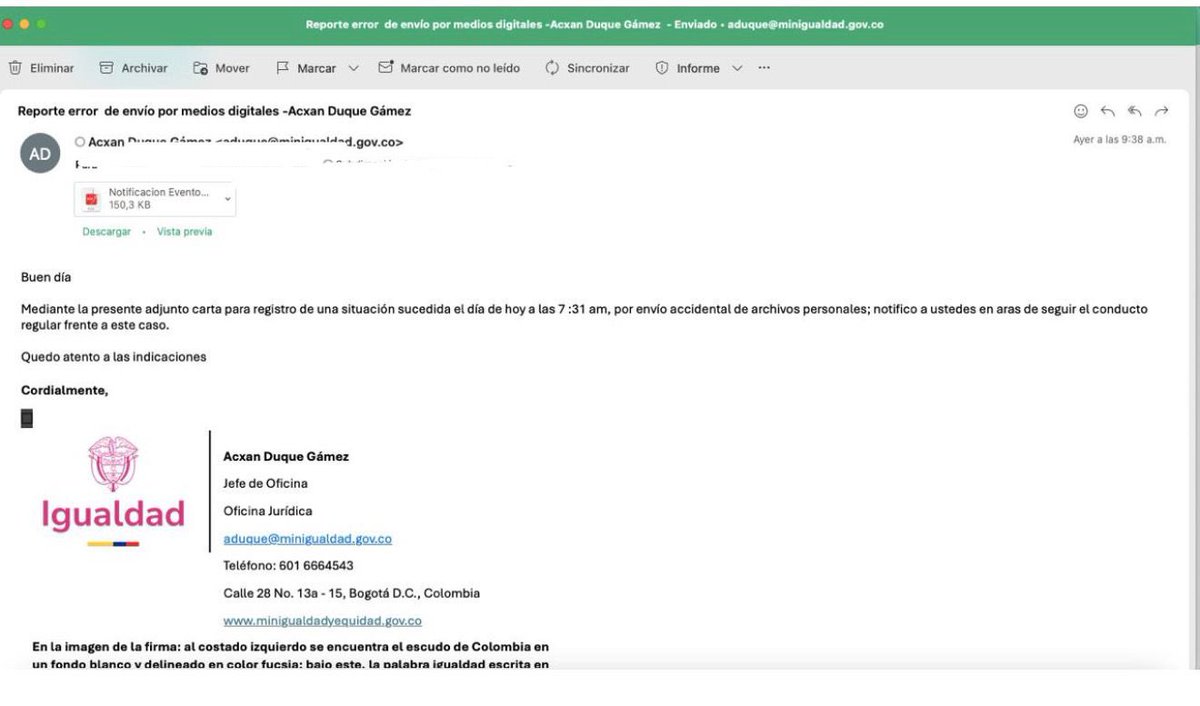 SoyDefensor's tweet photo. En el caso del viceministro, y con el ánimo de continuar aclarando su procedimiento tras evidenciar el error cometido, publicamos el correo y la comunicación que dan cuenta de que a menos de dos horas de lo ocurrido, fue Acxan quien informó al Ministerio lo ocurrido. https://t.co/fGIeyQTo3Q