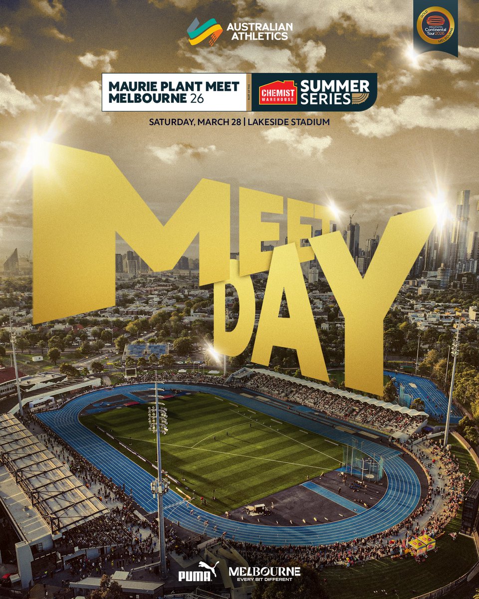 AustralianAths's tweet photo. Good morning, Melbourne ☀️

The wait is over, Maurie Plant Meet - Melbourne is TONIGHT! 

Gates at Lakeside Stadium open at 4:00pm, with the action kicking off at 6:10pm. Last minute tickets will be available for purchase at the gate. 🎟️

An unmissable evening of Chemist Warehouse Summer Series action awaits, we’ll see you there. 🫡

#AthleticsNation #VisitMelbourne #ContinentalTourGold