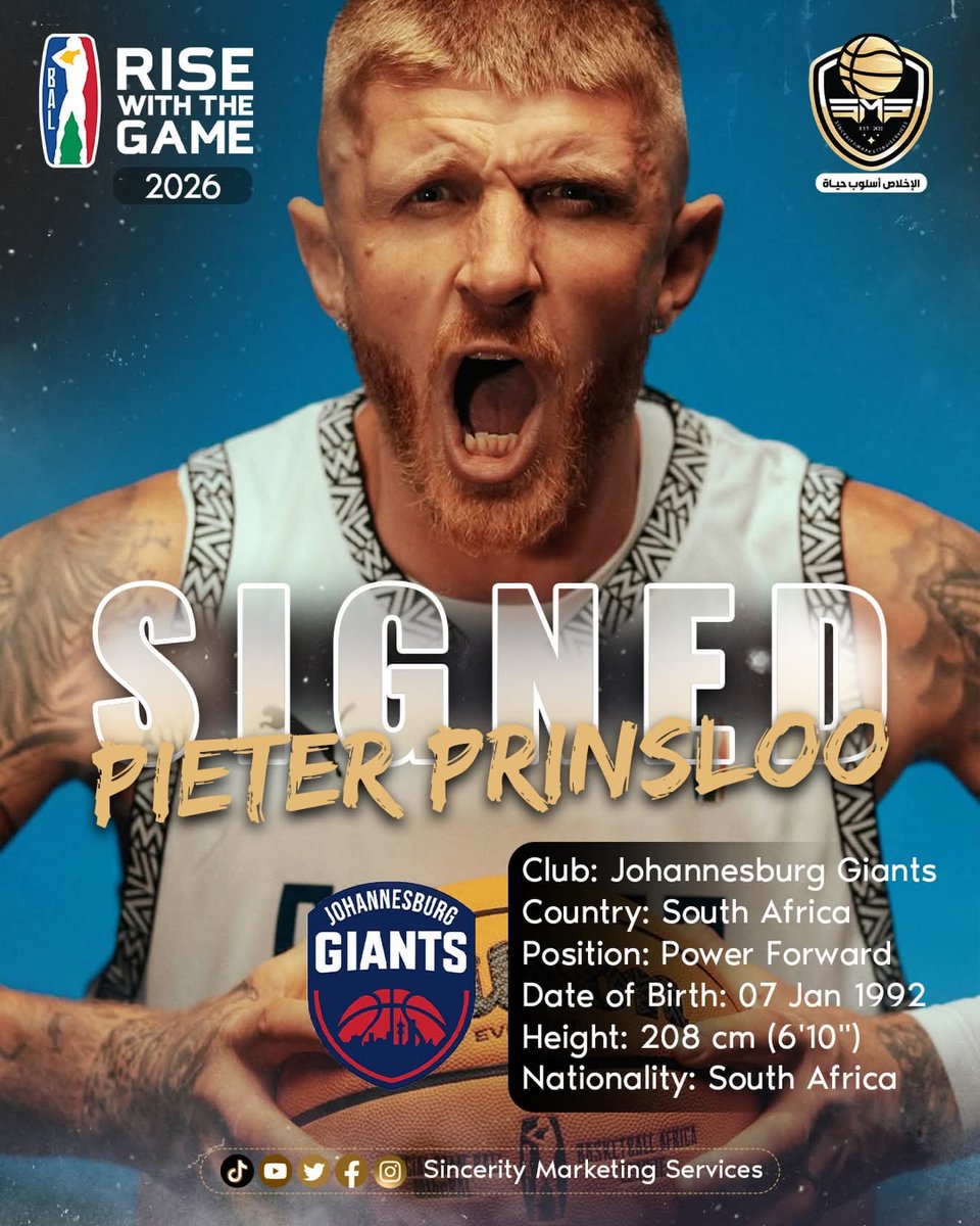 SMS_Egypt's tweet photo. Our Champ player Pieter Prinsloo has signed with Johannesburg Giants Basketball Club for the Basketball Africa League (BAL) 2026.

وقع لاعبنا البطل بيتر برينسلو مع نادي جوهانسبرج جاينتس لكرة السلة للمشاركة في دوري كرة السلة الأفريقي (BAL) ٢٠٢٦.

#sincerity #fiba #thebal #africa https://t.co/b8hIDyT9w3