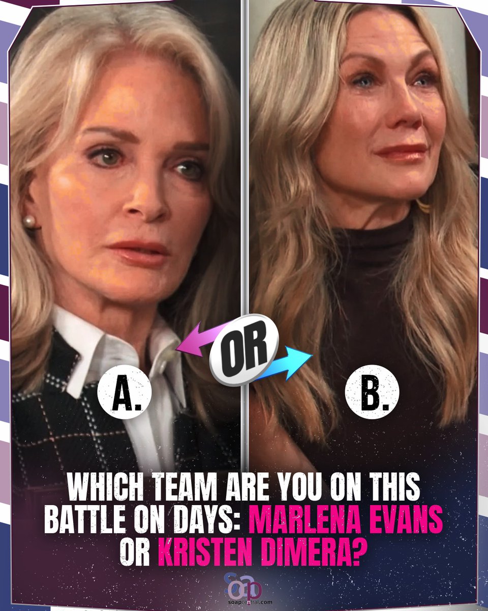 soapcentral's tweet image. Two icons, one showdown in Salem. Pick your side 👀
Marlena or Kristen?
#DOOL #DaysOfOurLives