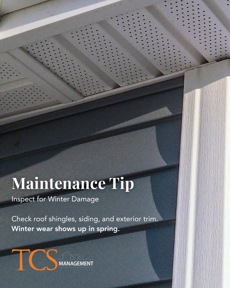 TCSmanagement's tweet photo. Spring in the Mid-Atlantic isn't just warmer weather. It's when winter damage shows its face.

We walk properties this time of year looking for specific tells. Roof shingles that lifted during freeze-thaw cycles. Siding gaps where ice pushed things out of alignment. Exterior trim that absorbed moisture and started pulling away from the structure.

Most of these issues are quiet right now. A small gap. A lifted edge. Nothing dramatic. But left alone through spring storms and summer heat, they turn into leaks, rot, and four-figure repairs.

This is the difference between reactive and proactive management. Reactive waits for the tenant to call about water stains on the ceiling. Proactive catches the problem while it's still a $200 fix instead of a $2,000 insurance claim.

If you're managing your own properties, block out time this week to walk the exteriors. Look up. Look close. Take photos of anything that doesn't sit flush or looks different than it did last fall.

If you're working with us, this inspection is already on the calendar. We're walking every property over the next three weeks, documenting what we find, and getting ahead of anything that needs attention.

Protecting your investment means showing up before the problem does.