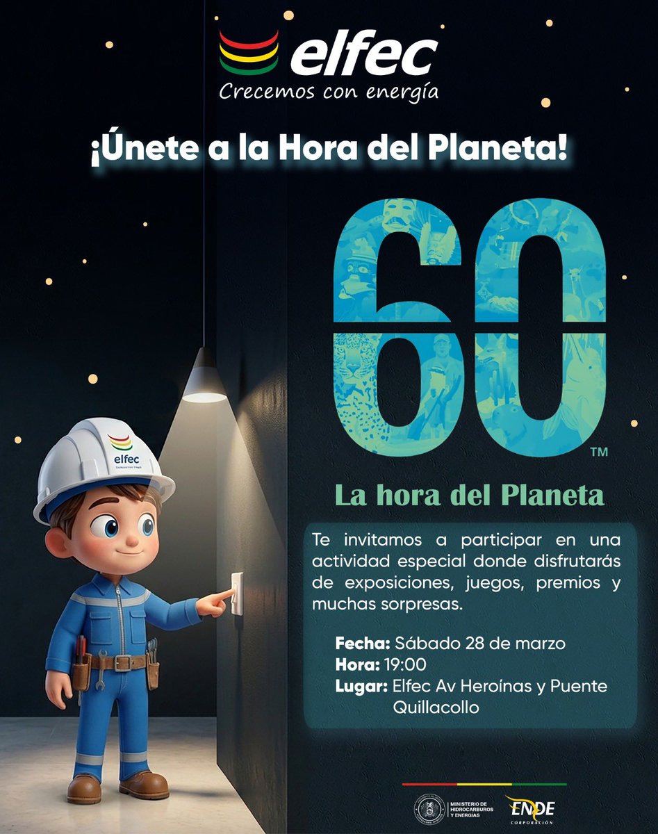 #Cochabamba | ELFEC se suma a la Hora del Planeta 🌍✨

📅 Sábado 28 de marzo
🕖 19:00
📍 Av. Heroínas y Puente Quillacollo

Porque cada acción cuenta, súmate junto a ELFEC a este movimiento global por nuestro planeta. 🌱

#HoraDelPlaneta #ELFECInforma #CuidemosLaEnergía
