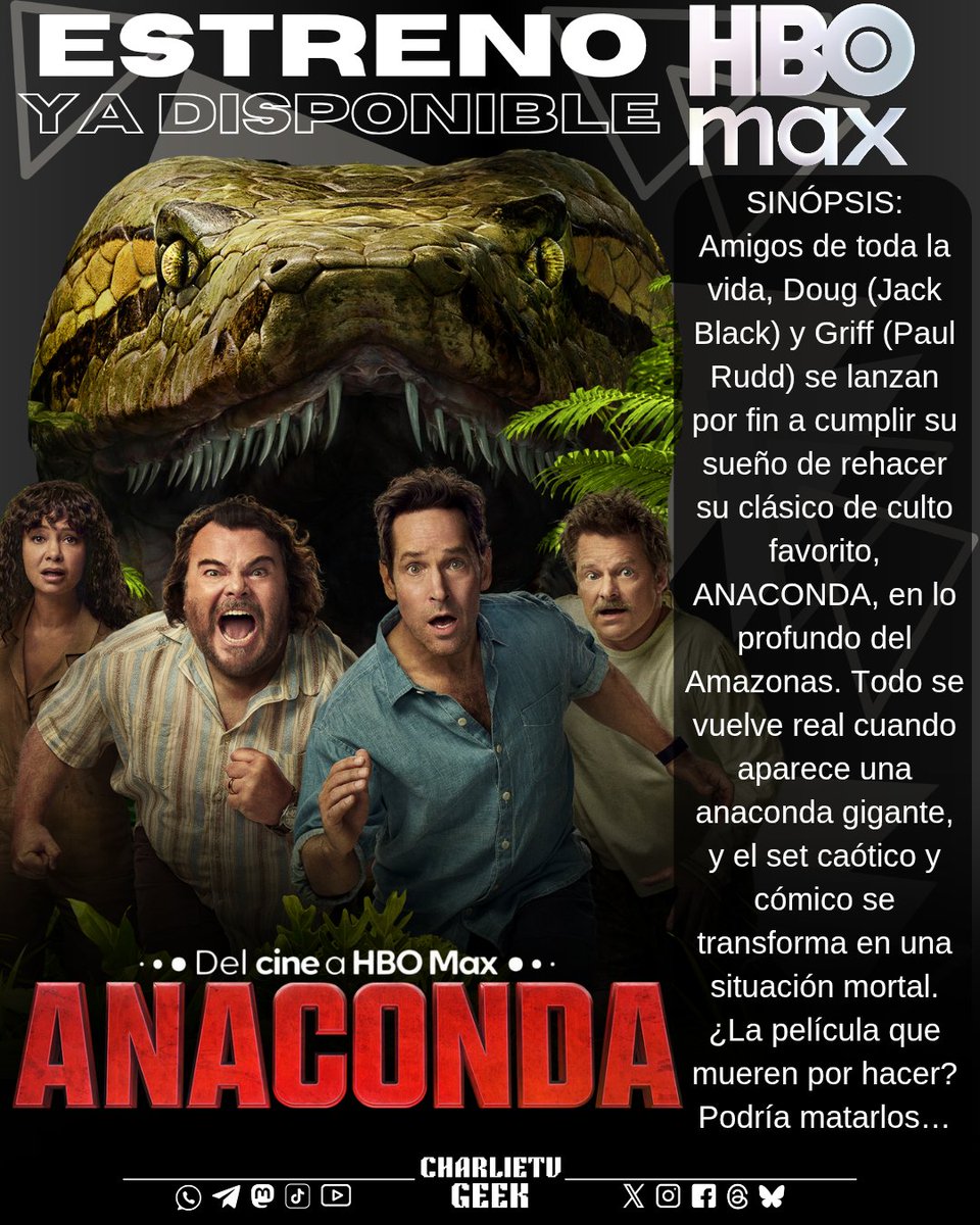 #BreakingNews 

#DelCineAHBOMax presenta: 
Jack Black y Paul Rudd estelarizan esta comedia en la que el rodaje de un homenaje a "Anaconda" de 1997, se vuelve peligrosamente real. 
#Anaconda ya disponible en #HBOMaxLA.
