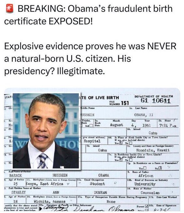 Nesara101's tweet photo. Obama is having a bad week. Fake birth certificate exposed, Epstein files coming out and the world will know he is married to a dude. 🇺🇸🇺🇸🇺🇸 

FOLLOW ME, THE NEXT DROP WILL BE SHOCKING https://t.co/22Z4M7gEh0