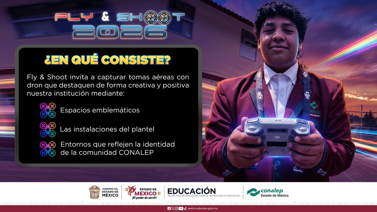 Conalep_Edomex's tweet photo. #FlyShoot no es solo volar… es contar historias desde el cielo 🚁💡
Muestra la esencia de tu plantel con tomas únicas 📸✨
🌟Hazlo creativo
📲Participa 👉 https://t.co/DxkmfE66s6
🗓️Fecha límite: 30 abril
#ApasionadamenteCONALEP #OrgullosamenteCONALEP #ElPoderDeServir https://t.co/B095FDknpi
