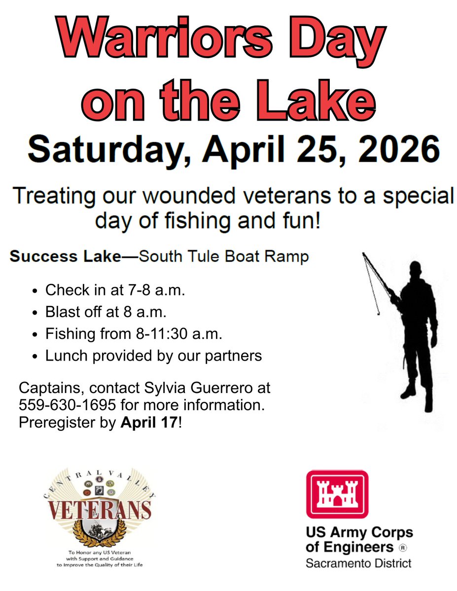 USACESacramento's tweet photo. We can’t wait for Warrior’s Day at the Lake on April 25 at Success Lake! We’re still seeking boat captains, so reach out to us at (559) 630-1695 to volunteer! https://t.co/Eug94Jll2n