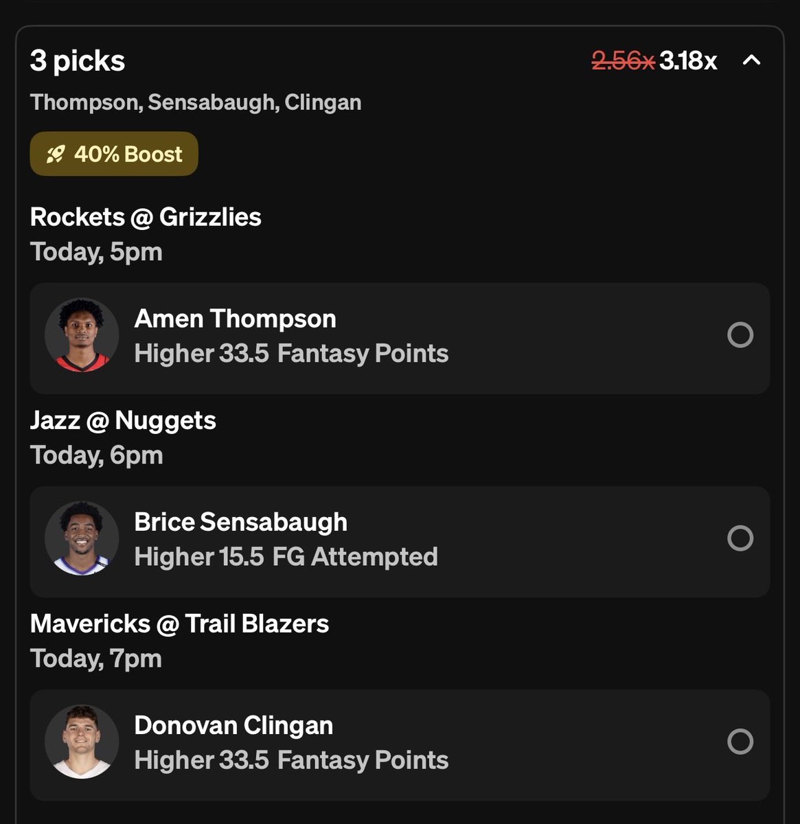 BuzzedBetz's tweet photo. ❤️ Like if tailing

🚨 3-LEG 40% BOOST NBA PLAY 🚨

Amen Thompson ⬆️ 33.5 Fantasy
Brice Sensabaugh ⬆️ 15.5 FGA
Donovan Clingan ⬆️ 33.5 Fantasy

Boosted to 3.18x 📈

Amen Thompson continues to grow into a bigger role.
More facilitating, more usage, and he’s been filling up the stat sheet. In a game that could get out of hand, he should still see plenty of run and production. We’re running this back.

Sensabaugh is in a great spot.
Utah is tanking and he’s getting full green light to shoot. Volume is everything here. 16 field goal attempts is very doable with the way he’s being used.

Clingan should feast inside.
Dallas does not have the size to deal with him. No real rim protector to match up and he should dominate the paint. Rebounds, putbacks, easy buckets.

Everything lines up here.
Let’s cash 🤝